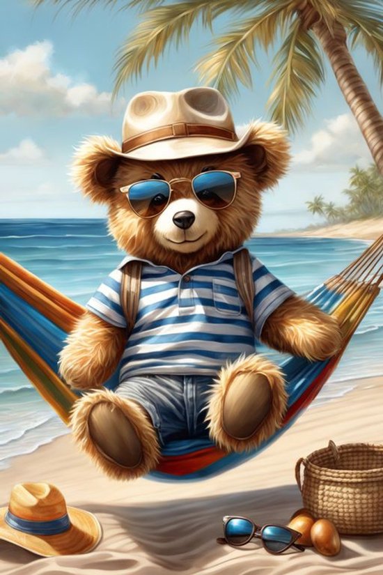 Ours en peluche brun avec un chapeau de paille et des lunettes de soleil, assis dans un hamac coloré sur la plage.