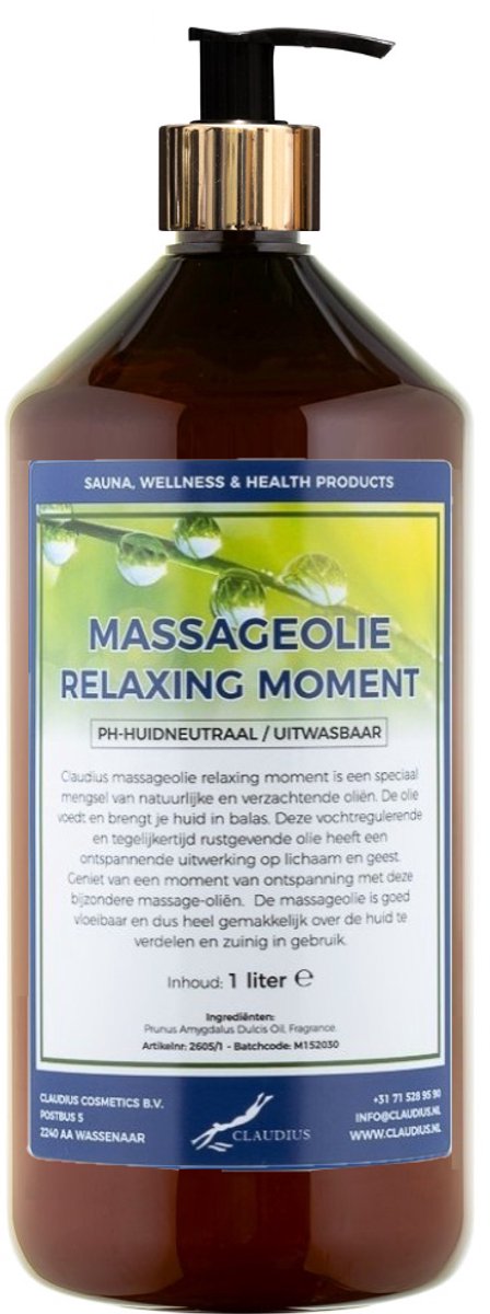 Massageolie Relaxing Moment 1 liter met gouden pomp - amber fles - 100% natuurlijk - biologisch en koud geperst