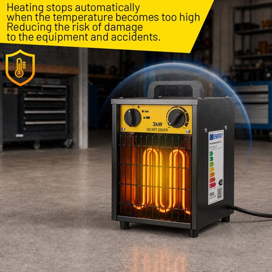 Zwarte en gele 3kW verwarming met gloeiende elementen en beschermende bubbel.