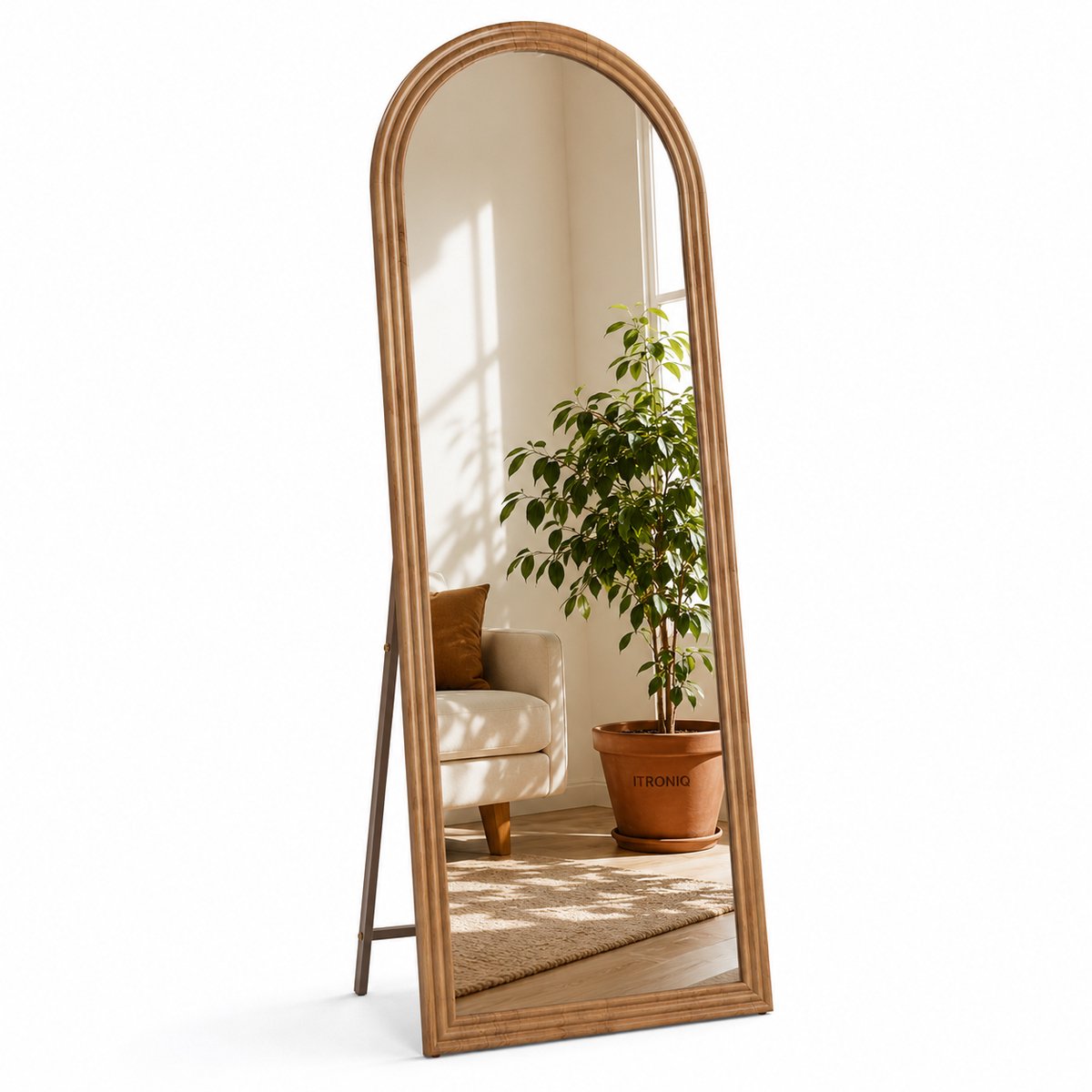ITRONIQ Passpiegel 160 x 50 cm – Staande Spiegel & Wandspiegel – Boogspiegel met Massief Houten Frame – Vloerspiegel - Bruin