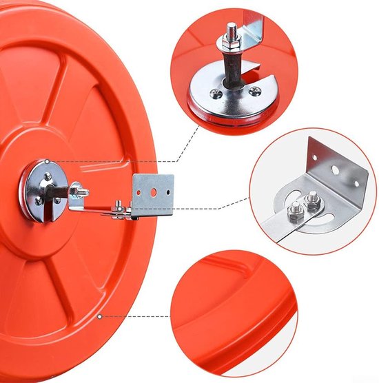 Kogelspiegel met montagebeugel. Orange achterkant en zilverkleurige metalen onderdelen.