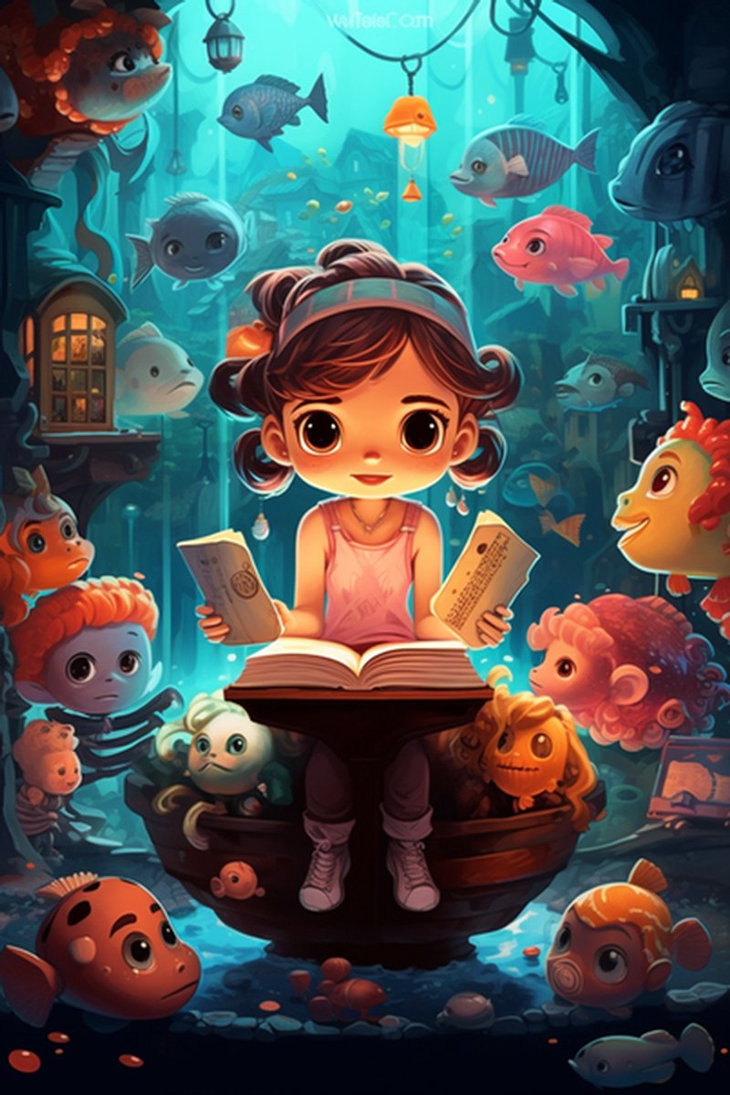 Vissen Cartoon Poster - Meisje met Vissen - Kinder - Decoratie Kinderkamer - Cartoon - voor Kinderen - Wanddecoratie - posters - formaat 70x100cm - L797YR