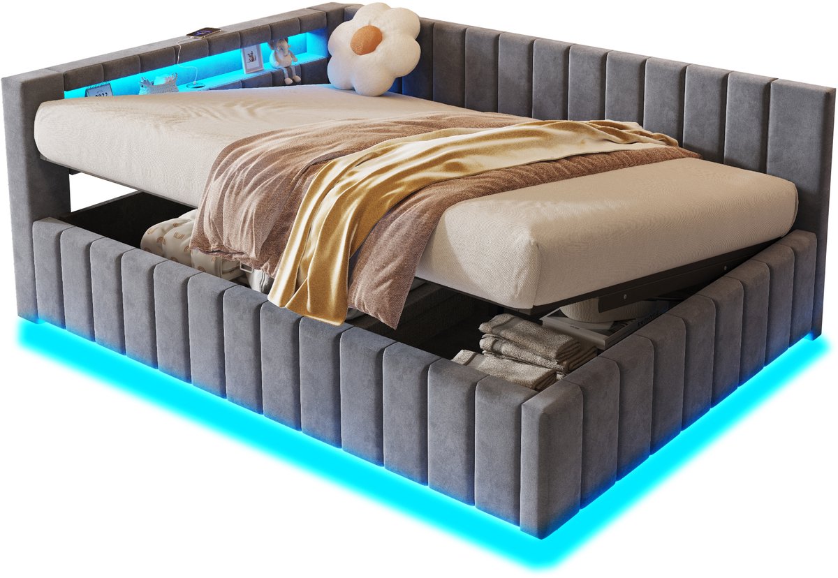 Gestoffeerd bed - Grijs fluwelen bed - Met hydraulische opbergruimte - LED verlichting en USB - Voor logeerkamer - 140x200 cm - Grijs