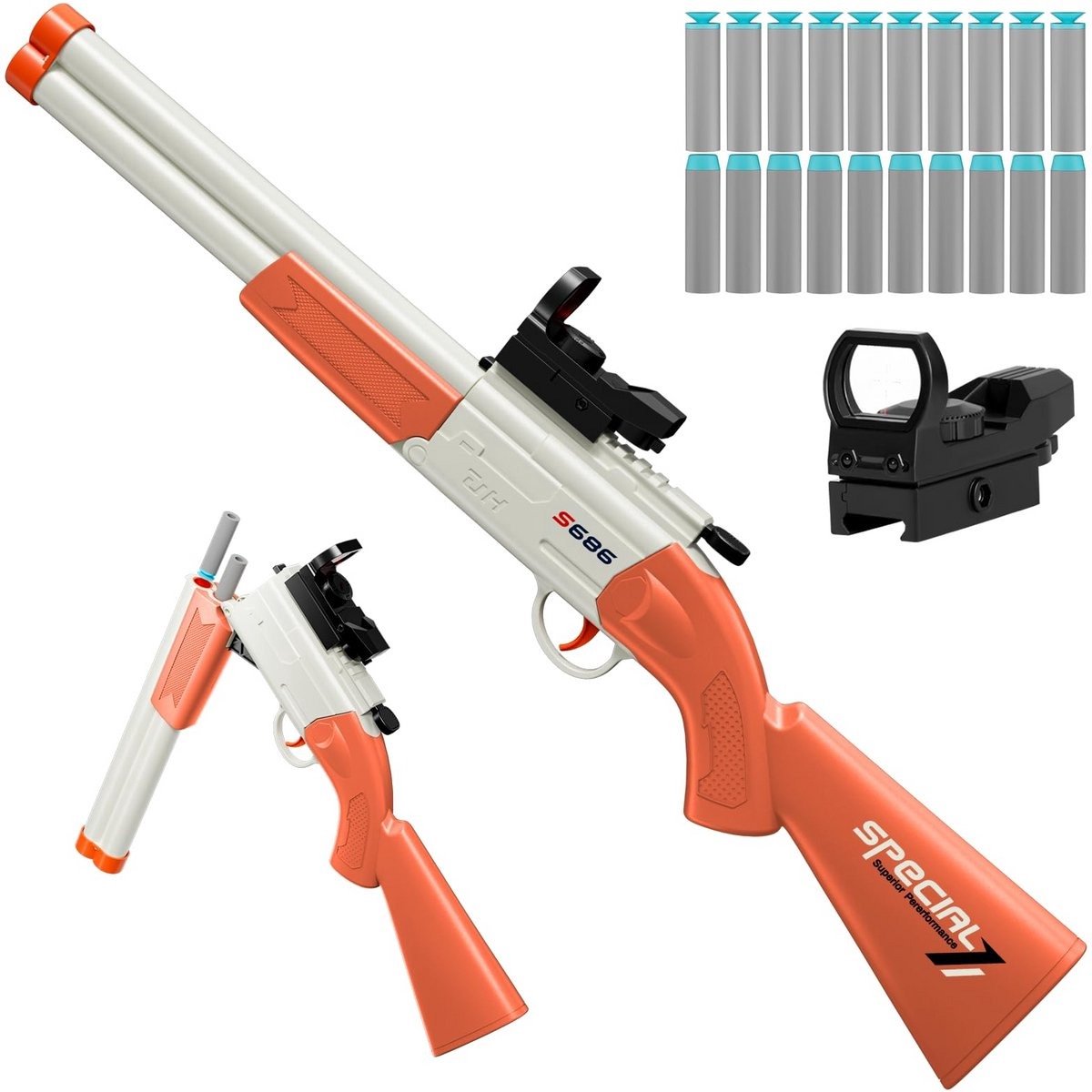Casalora Double Barrel Shotgun Foam Blaster - Elektrisch Speelgoedgeweer met 20 Zachte Pijltjes - Inclusief 10 Zuigpijltjes en 10 Schuimpijltjes - Met Vizier - Veilig EVA Schuim - Perfect Cadeau voor Jongens 8-12 Jaar - Blauw