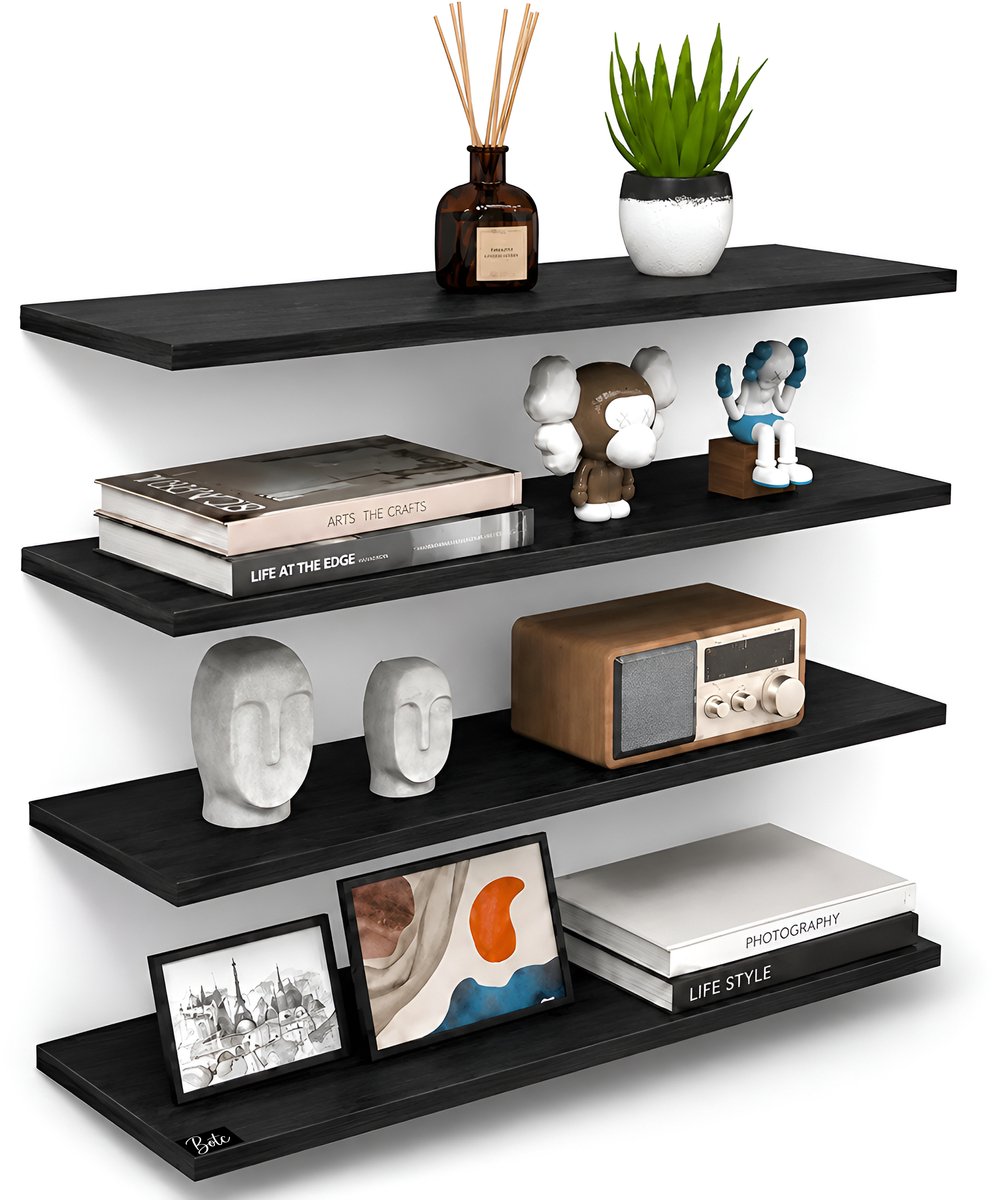 BOTC Zwevende Wandplank - 4-delige wandplankenset - 40x15cm - geschikt voor woonkamer, slaapkamer en keuken - Zwart