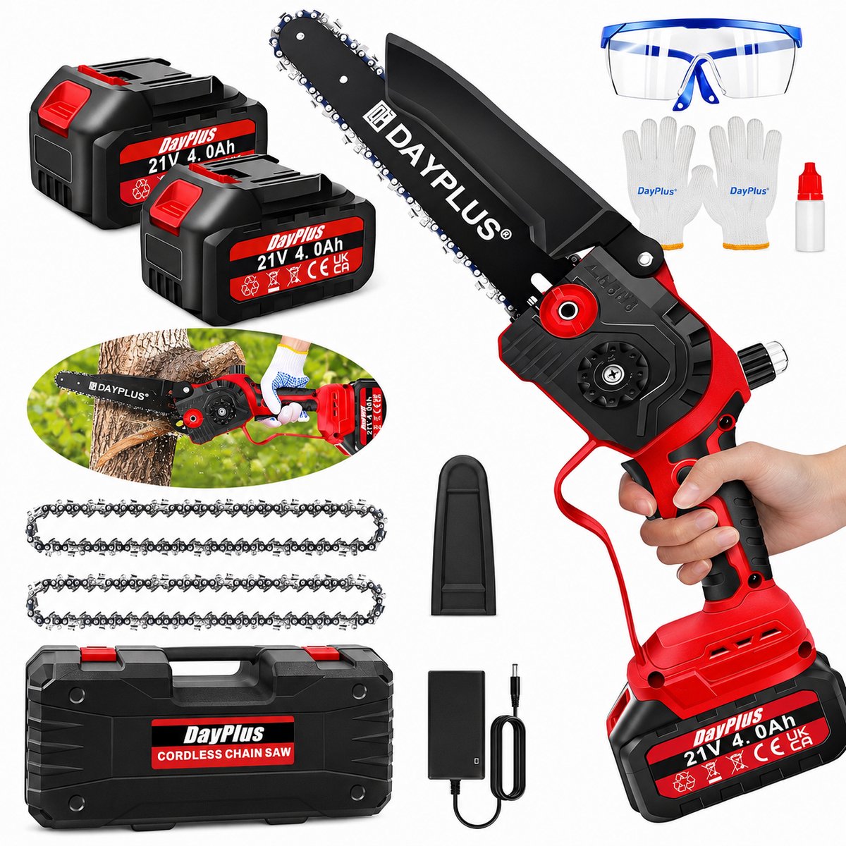 DPLUNIQ Kettingzaag - Zaag - Gereedschap - Mini - 2 Accu's - 21 V - Beschermschotten - Ergonomisch - 47,5x11,5x7,5cm - Rood