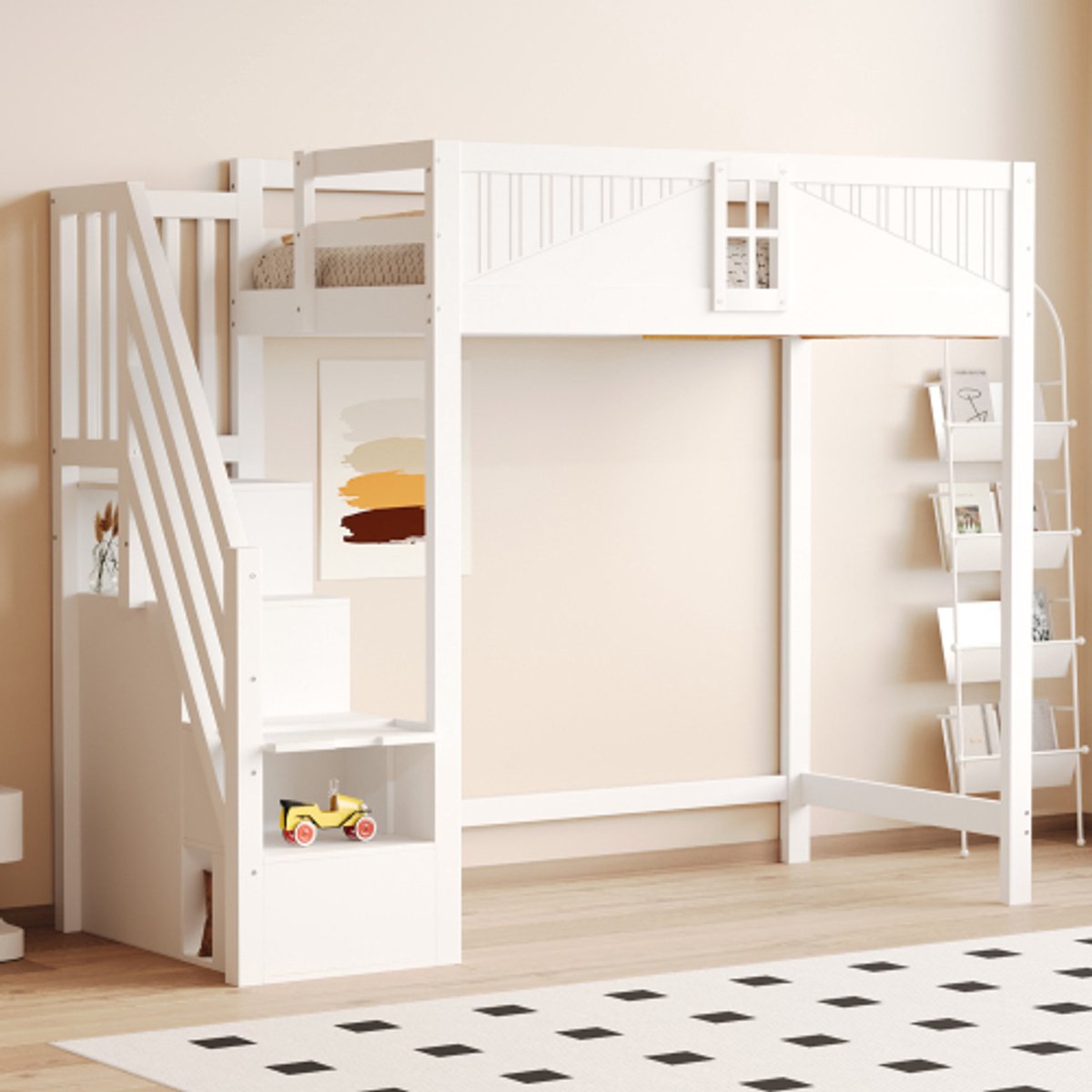 Massief houten hoogslaper - kinderbed met veiligheidshek en raam - trap links of rechts - 120 kg draagvermogen - slaapkamer - 90x200 cm - Wit