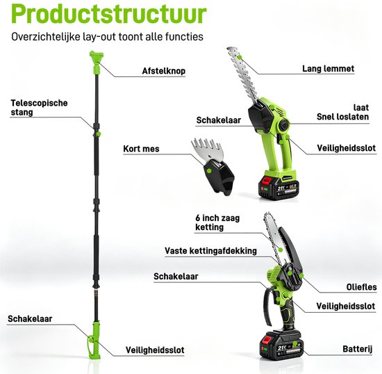 ONEGREEN Kettingzaag Telescopische Steel - Kettingzaag + Heggenschaar Set - met 2 Accu's - Telescopische Heggenschaar - 180° Einstellbarer Kopfwinkel — afbeelding 3