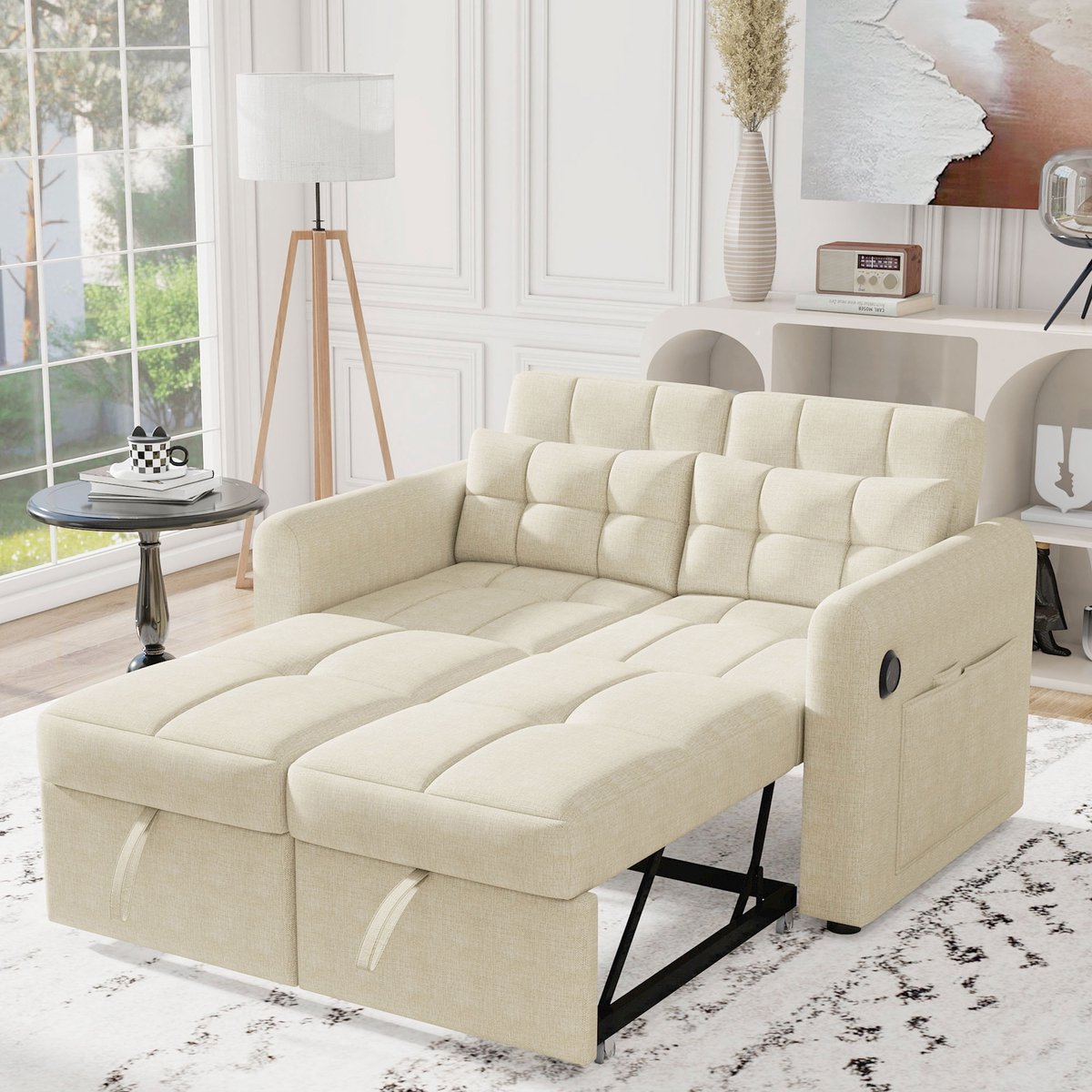 Hoekbank - 142 x 85 x 83 cm - linnenlook bekleding - met slaapfunctie - met verstelbare rugleuning - met opbergruimte - met USB-aansluiting - Beige