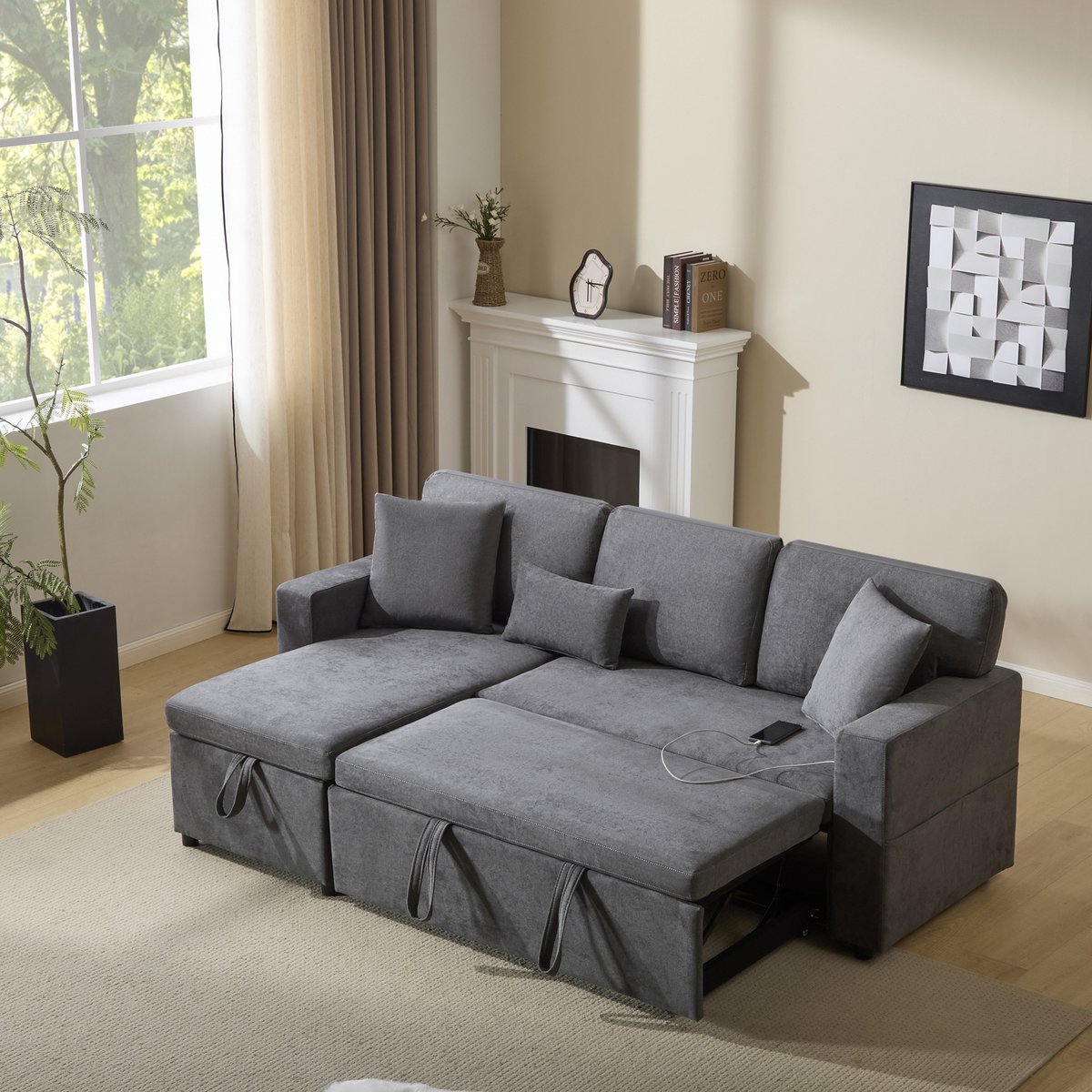 3-zits hoekbank - 214 x 131 x 87 cm - fluwelen bekleding - met slaapfunctie - met opbergruimte - met USB-aansluiting - inclusief kussens - Donkergrijs