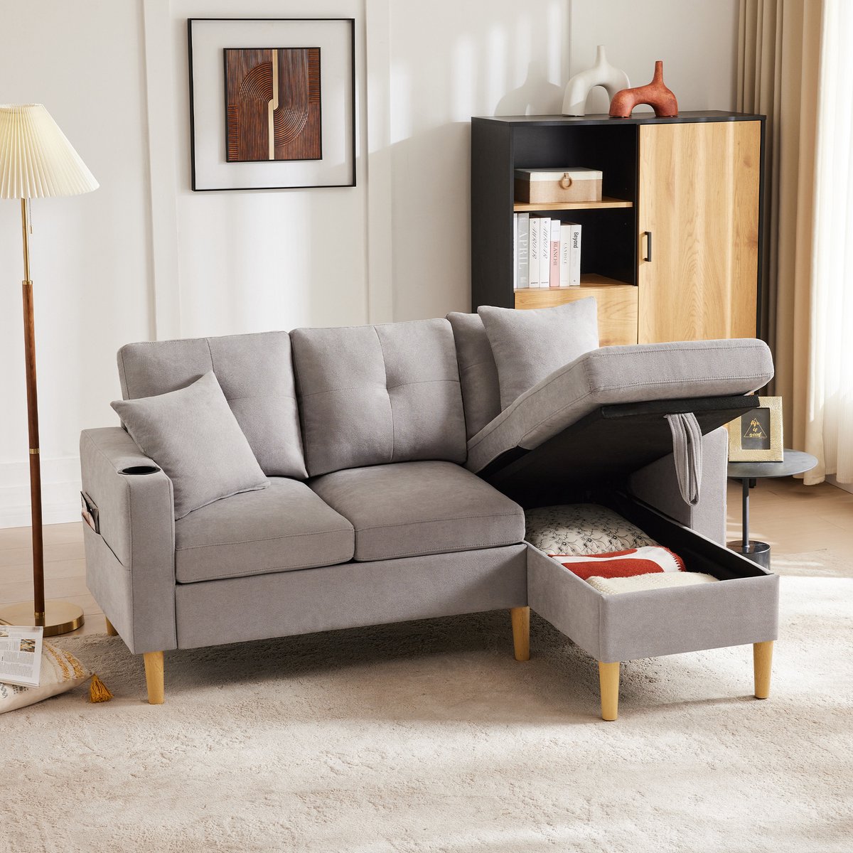 3-zits hoekbank - 175 x 129 x 90 cm - linnenlook bekleding - met opbergruimte - met bekerhouders - inclusief kussens - met veer- en schuimvulling
