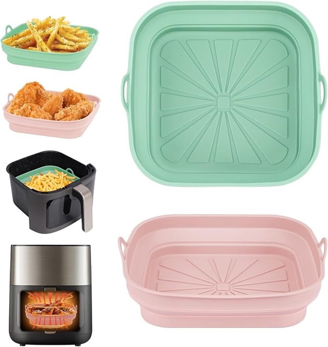 PolkaHome Airfryer Siliconen Pot 2 Stuks - Herbruikbare Heteluchtfriteuse Mand Liners - Opvouwbaar - Roze en Groen