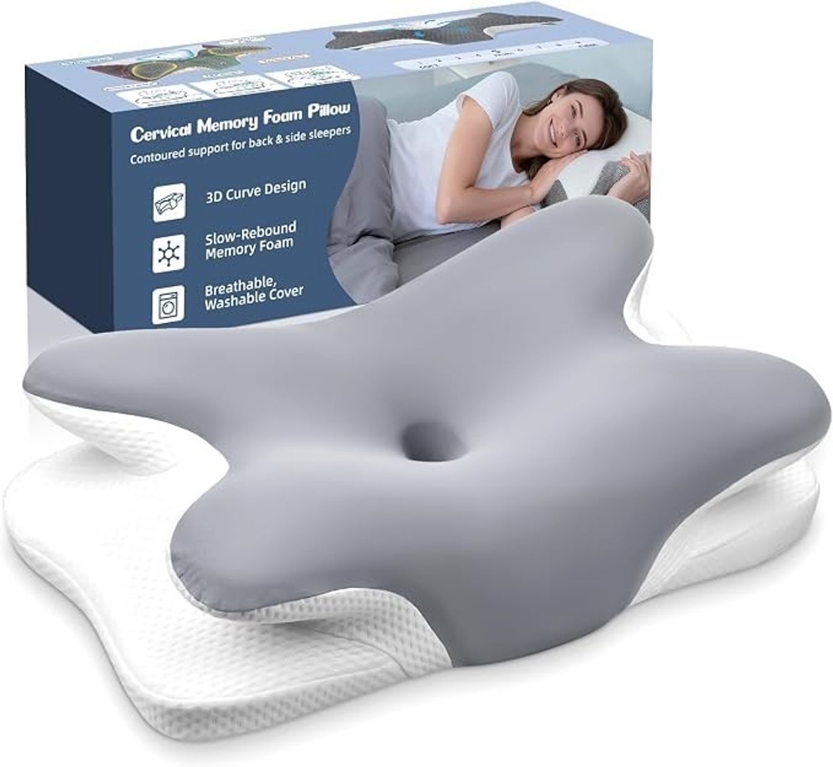 PolkaHome Neksteun Kussen Traagschuim 2-in-1 Ergonomisch Kussen voor Rug-, Zij- en Buikslapers