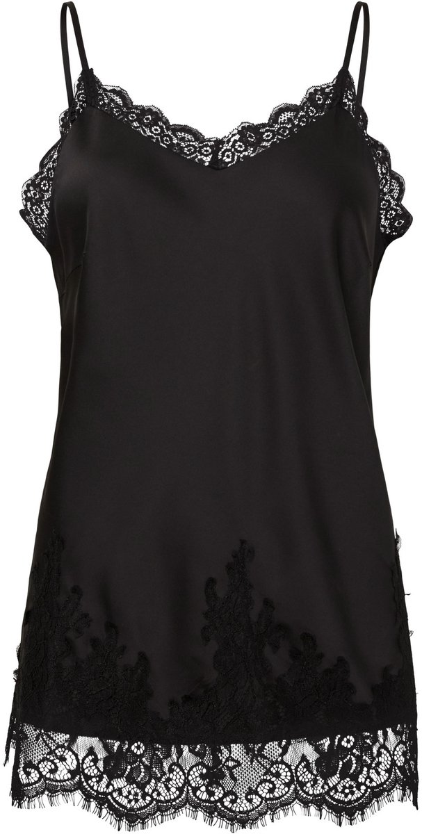 PIECES Dames Singlet Satijn PCJESSA Extra Lang Met Kant Effen Zwart - Maat XS