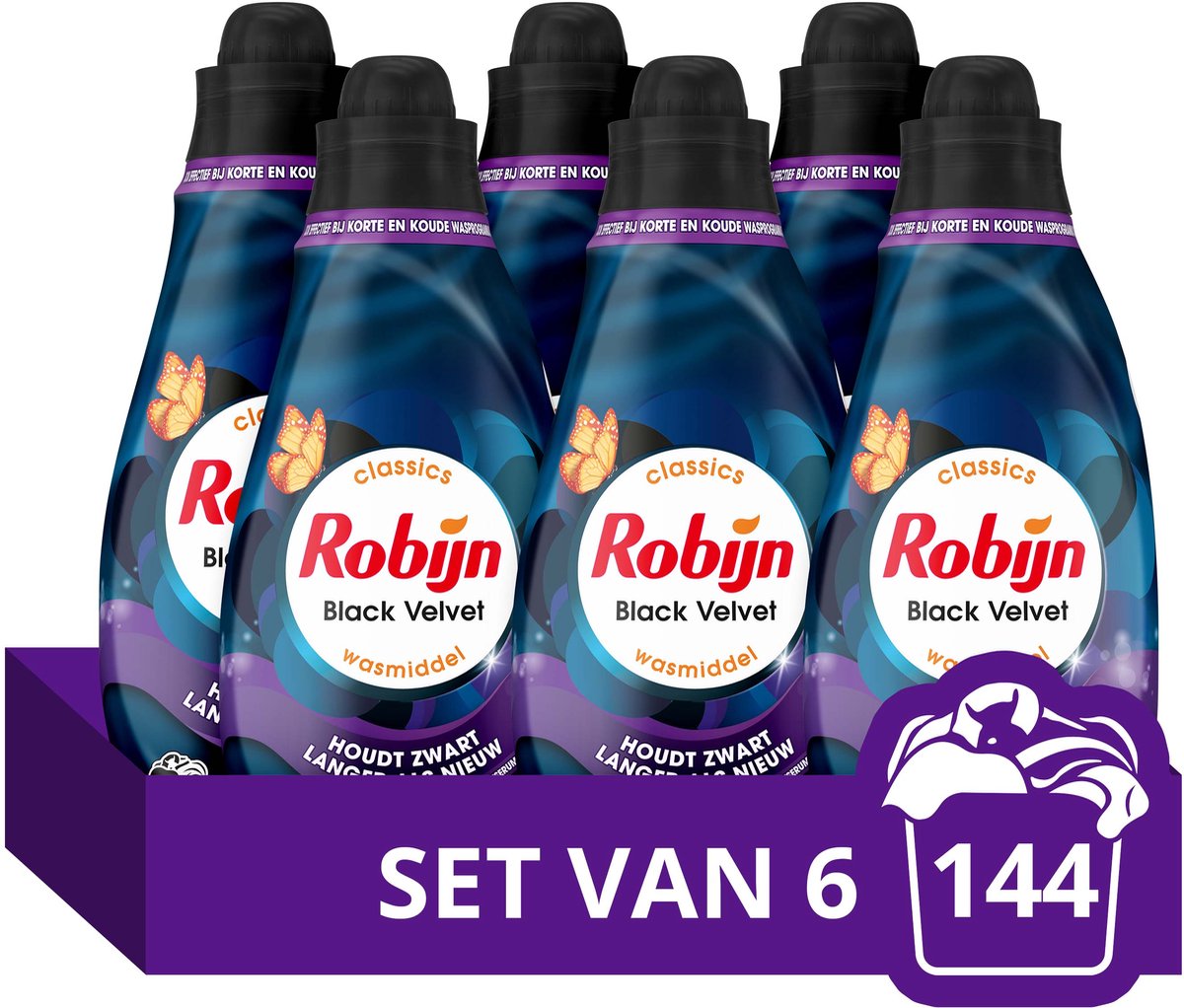 Robijn - Vloeibaar Wasmiddel - Klein & Krachtig - Black Velvet - 6 flessen - 144 wasbeurten - Voordeelverpakking