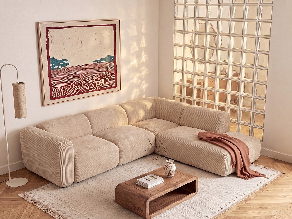 Vente-unique Grote modulaire hoekzitbank met chaise longue rugleuning in beige fijn ribfluweel van Maison Céphy POGNI