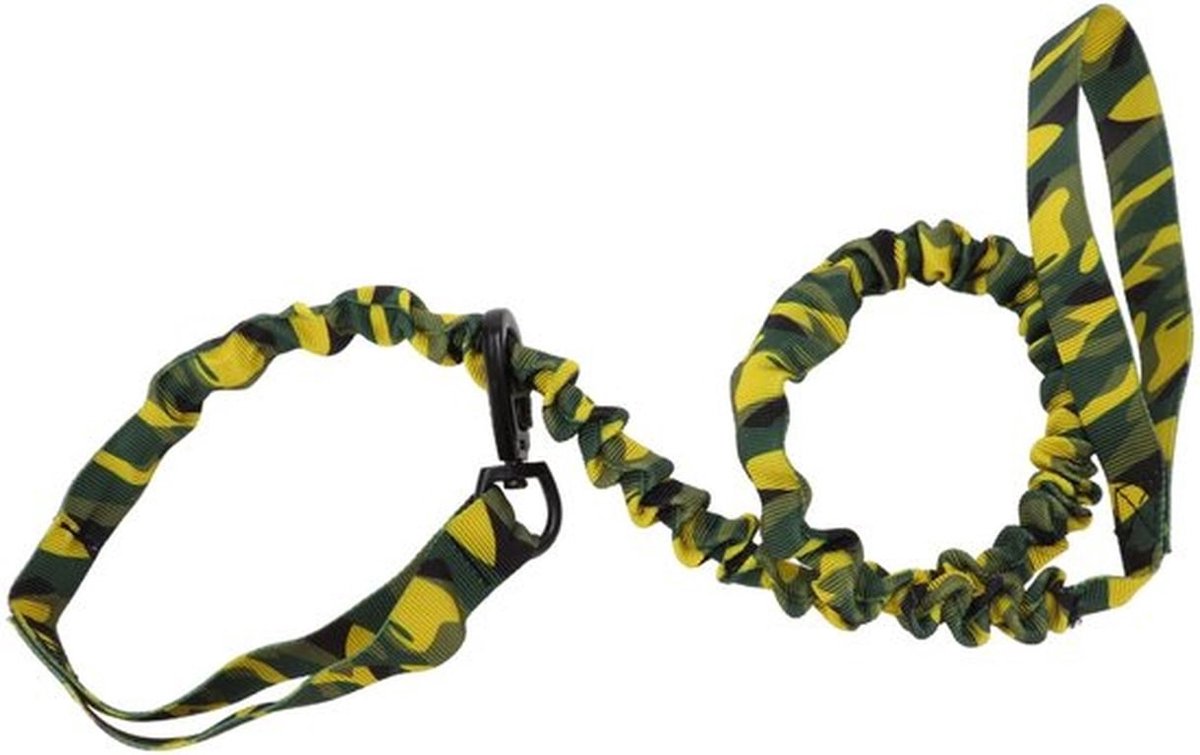 - Hondenriem - Dubbele handgreep - Veiligheid en comfort - Camouflage geelgroen - Elastisch nylon - Geschikt voor honden - Lengte 110-160 cm