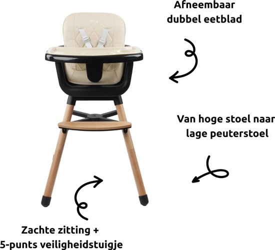 Ding Daily Houten Kinderstoel - Zwart - 6 maanden tot 3 jaar - Tot 20 kg - Hoge en Lage Kinderstoel - Incl. eetblad en veiligheidsgordel van Ding Daily — afbeelding 3