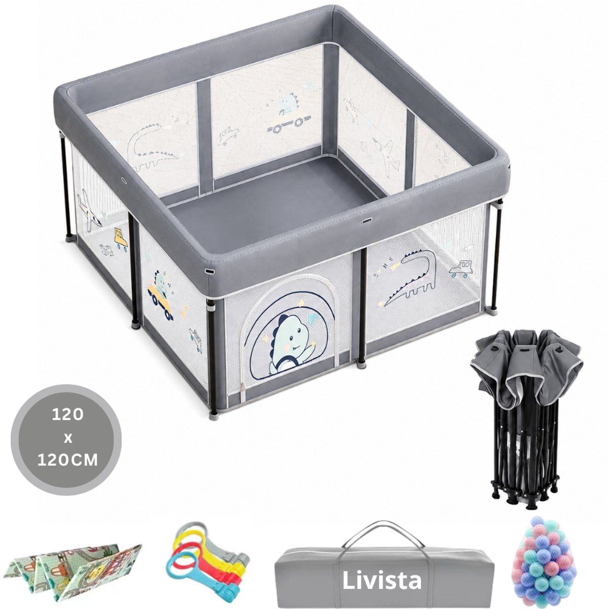 Livista Baby Grondbox – Opvouwbaar Babybox – 120x120x65 cm – Speelbox – Inclusief Speelmat, 60 Ballen en 4 Trekringen – Opbergtas – Ademend & Transparant Gaas – Compact Inklapbaar – Grijs