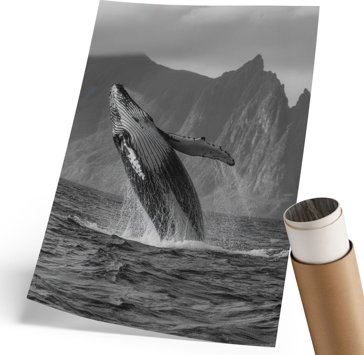 Coloray Canvas Poster Polycanvas - Walvissprong, Illustratie - 210 x 297 mm - Zwart-wit Poster - Rechthoek - Decoratieve poster - Woonkamer, Slaapkamer, Kantoor - Klassiek