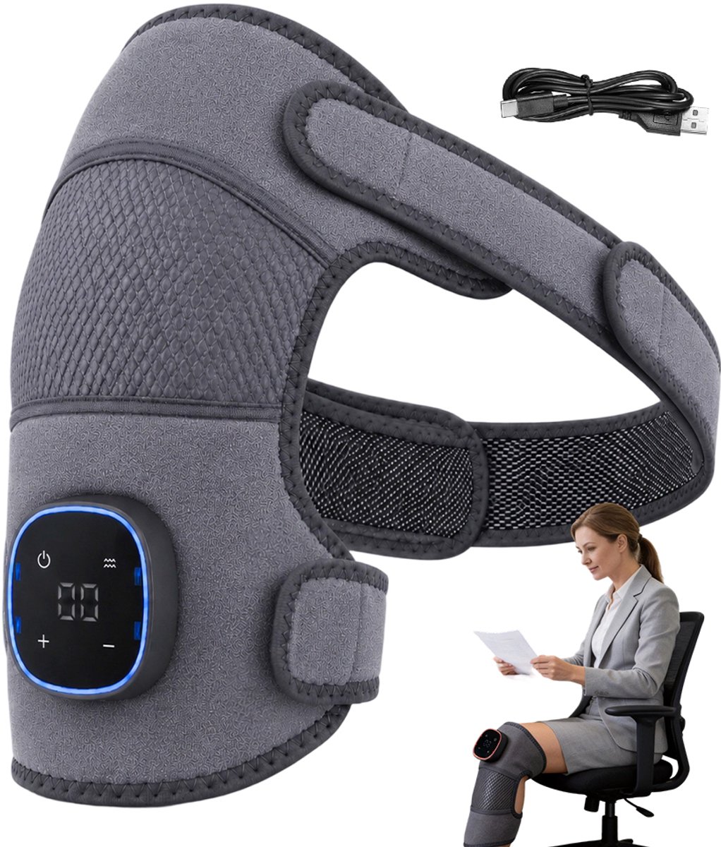 Massage Apparaat - Draadloze Schouderverwarmer - Massageapparaten - Warmtekussen Voor Schouders - 6 Warmte & 3 Trilling - LED Touchscreen - Draagbare Schoudermassage - Voor Kantoor & Auto & Reis - Grijs
