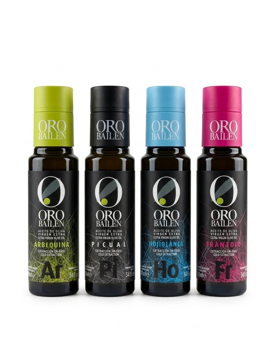 Oro Bailen Olijfolie Proefpakket 4 x 100 ml - Picual, Arbequina, Hojiblanca & Frantoio - Extra Vierge Olijfolie uit Spanje - Proefset & Cadeauset