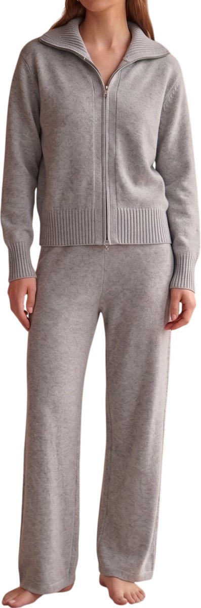 Gebreid Huispak Dames - 2-Delige Loungewear Set met Ritsvest & Wijde Broek - Zacht Joggingpak & Relax Set - Cadeau voor Vrouw - Grijs