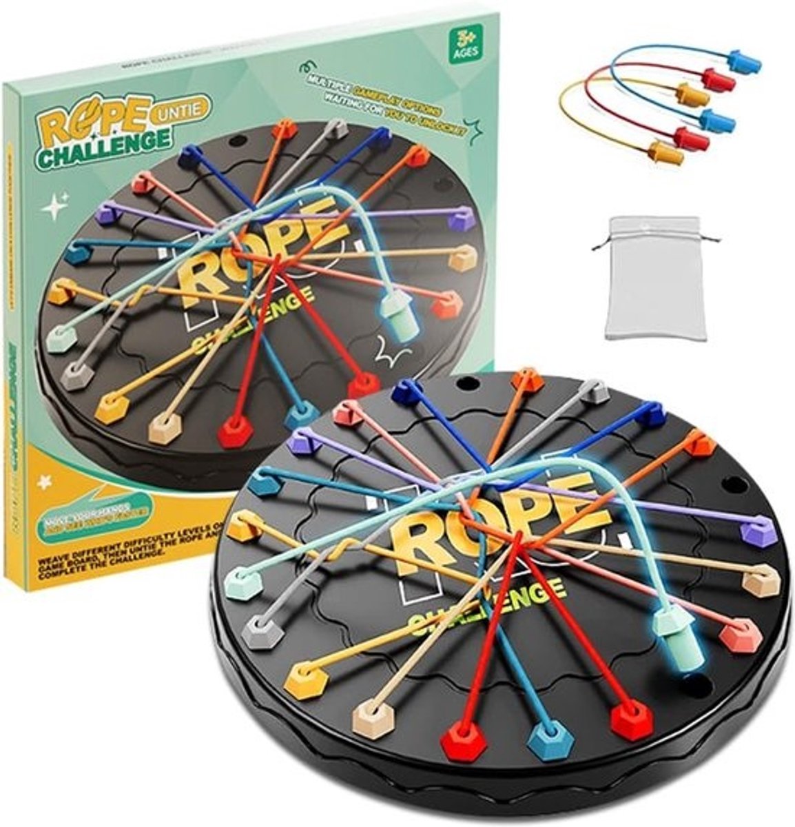 Touw Ontkoppelen Puzzel - Logica Spelletjes - Hersenkraker Oefenen - 3 Uitdagingen - 22.6 cm x 22.6 cm