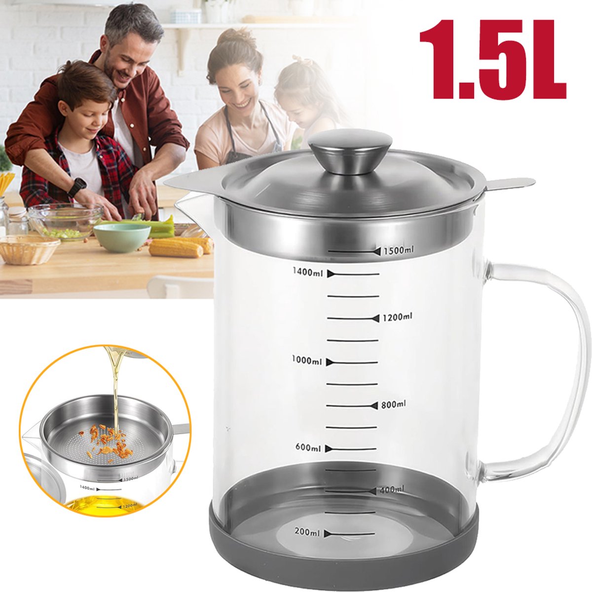 Transparante Bak Voor Spekvet - 1.5L Spekvetvanger Met Zeef - Glazen Oliefilterpot - Bewaarblik Voor Bakolie Met Weegschaal Deksel