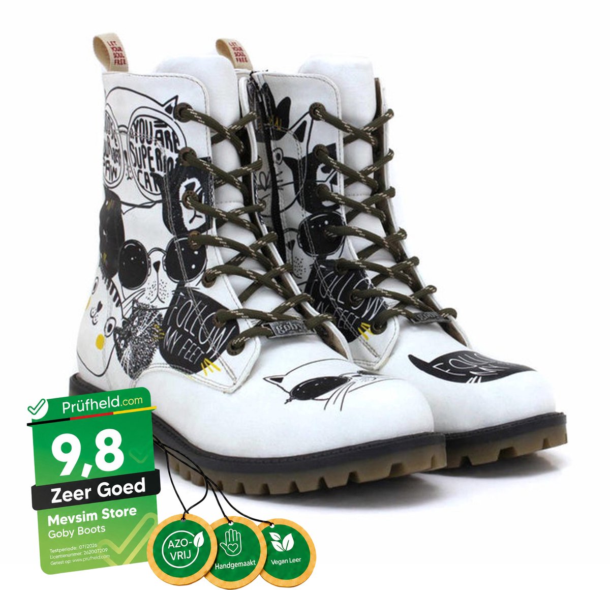 Goby Dames Veterboots – Kat Illustratie Print – Handgemaakt Vegan Leer – Comfortabele Damesboots – Maat 35
