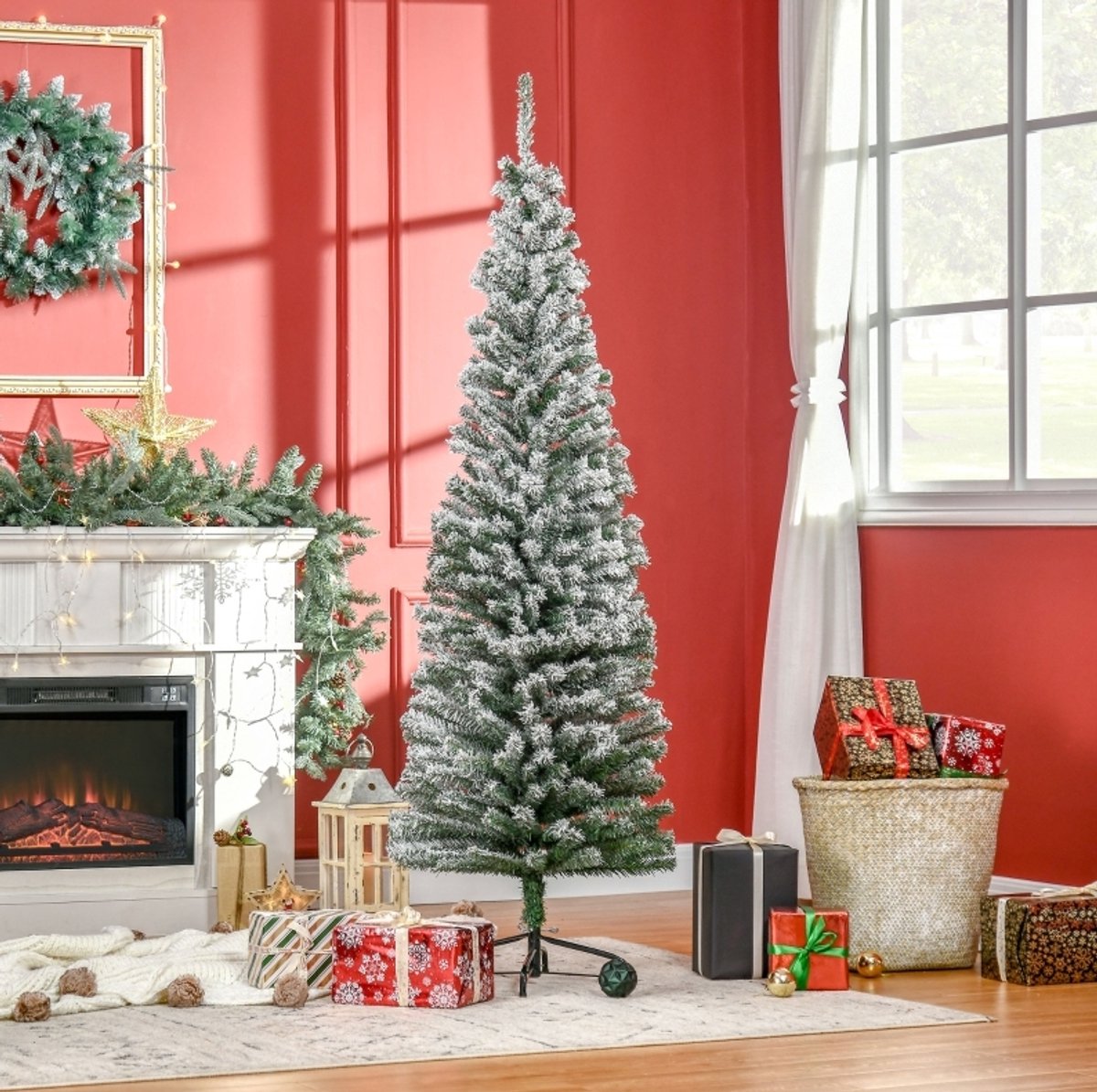 REDOM - Kunstkerstboom - Besneeuwde naalden - Smal potloodmodel - Met metalen standaard - Voor binnen - Kunststof - Groen - 180 x 60 cm