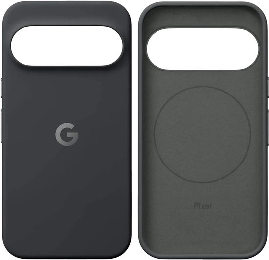 Voor- en achterkant van een donkergrijs Google Pixel hoesje.
