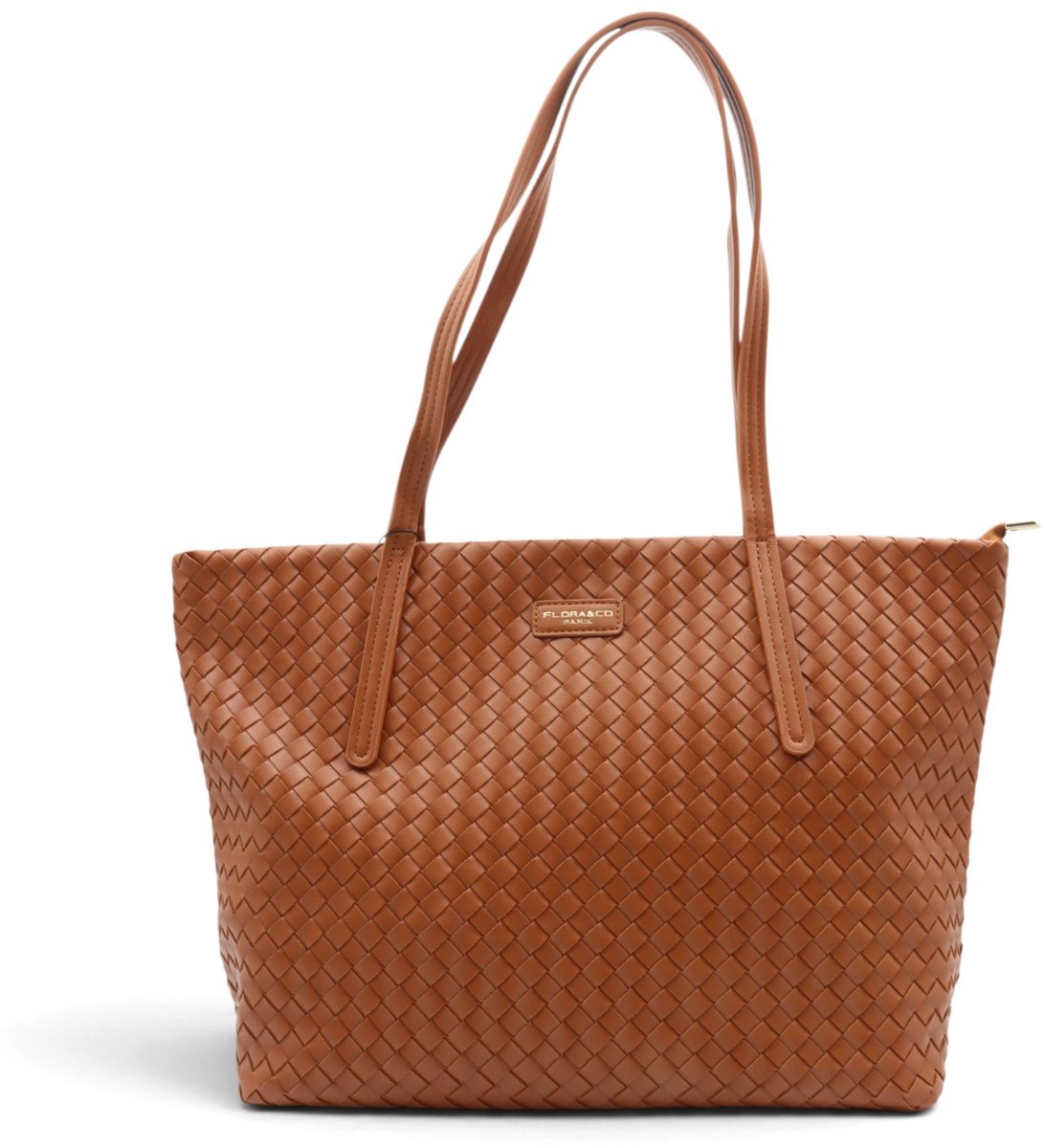 Flora&Co - SIENNAE - weefpatroon soft kunstleer - grote handtas/tote bag - camel/bruin - geschikt voor A4 - ideaal voor school- of werktas
