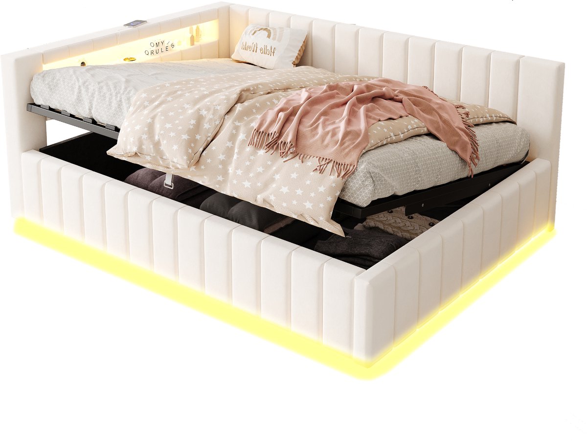 Gestoffeerd Bed - Beige Fluwelen Bed - Hydraulische Opbergruimte - LED-Verlichting & USB - Slaapkamer - 140x200 cm - Beige