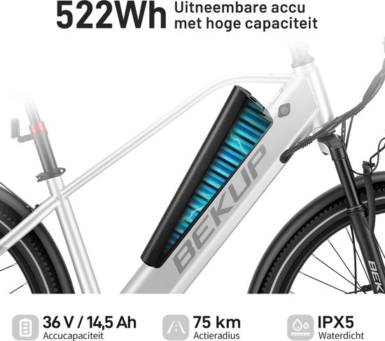 Bekup V2 Elektrische stadsfiets - 26 inch frame met hoge instap - 36V 14,5Ah accu met lange actieradius - 250W achterwielmotor - 45Nm koppel - Shimano 7 versnellingen - Voor- en achter schijfremmen - LCD-display - Zilverwit — afbeelding 4