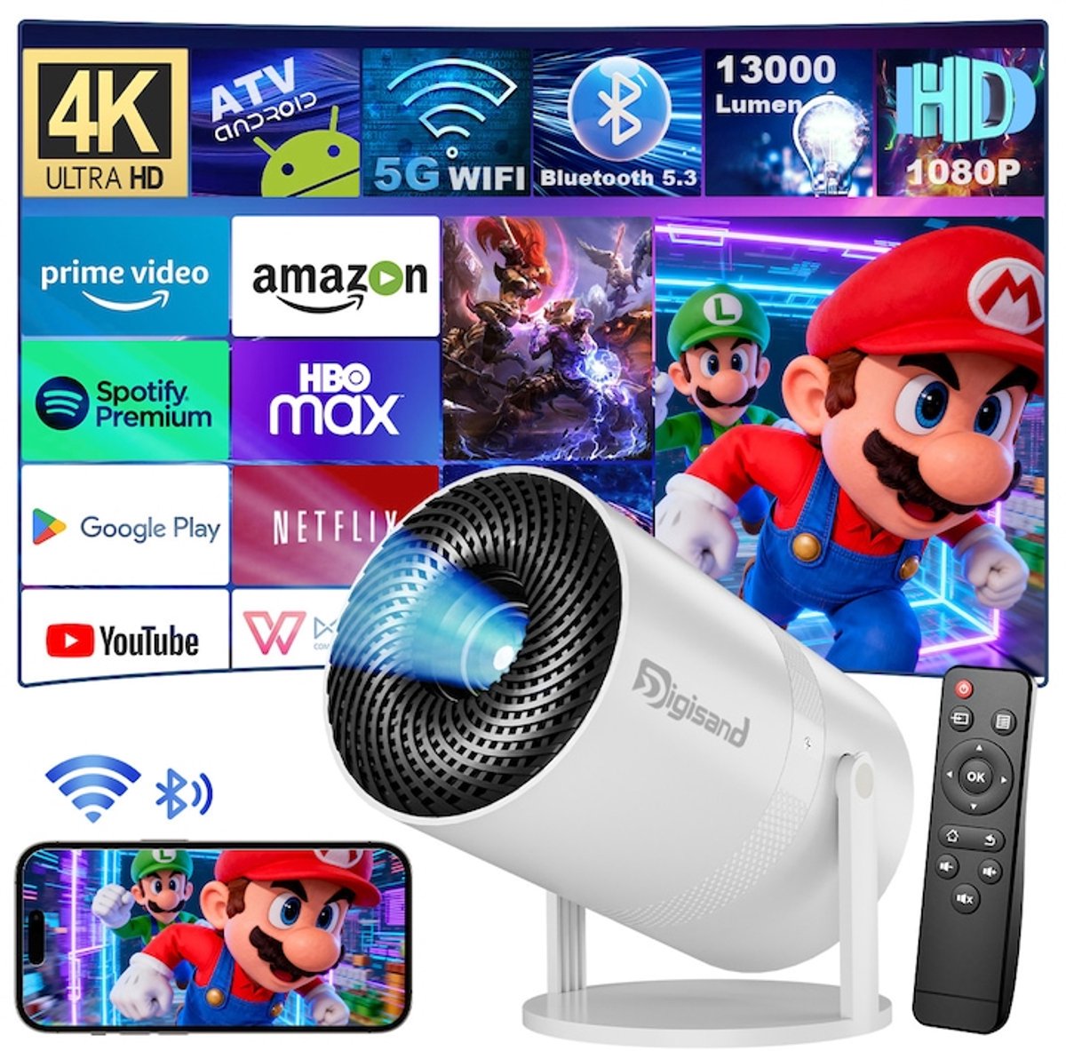 Digisand® X3 Mini Beamer Smart Projector –4K Draagbare Beamers-Native Full HD - 350 ANSI 13000 Lumen Home Cinema- Laserprojector Thuisbioscoop- Auto Keystone- iOS&Android 14-WiFi & Bluetooth