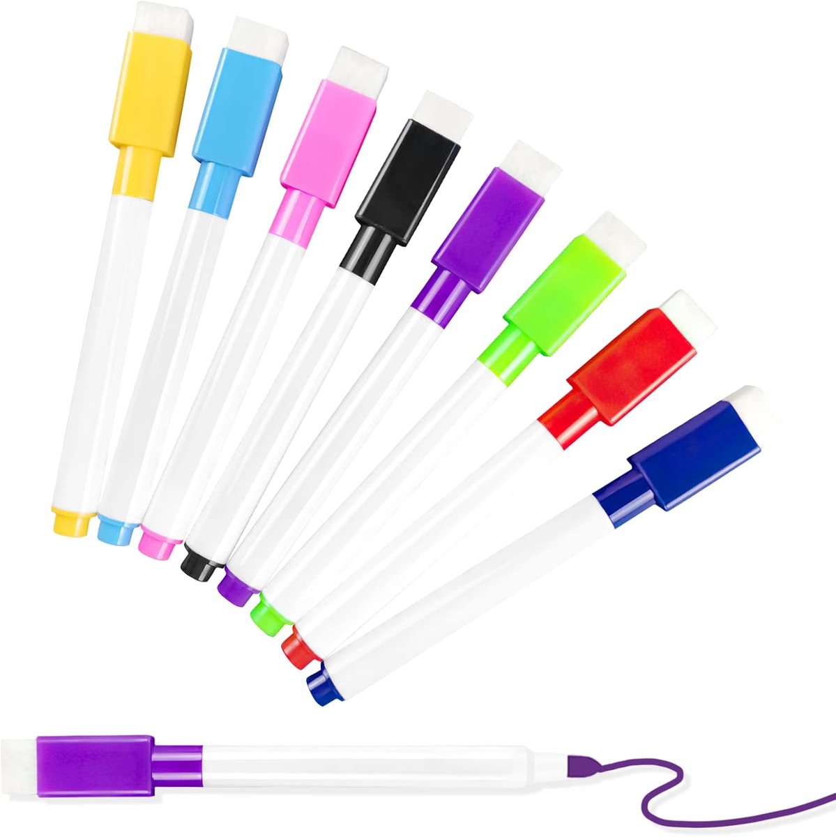 8 Stuks Kleurrijke Magneet - Whiteboard Markers - Met Gumdopje - Fijne Punt voor Nauwkeurig Schrijven - Droog uitwisbaar - Geschikt voor School, Kantoor en Thuis - Magneet op Dop voor Opslag op Bord - Veegbaar zonder Vlekken - Langdurige Inkt