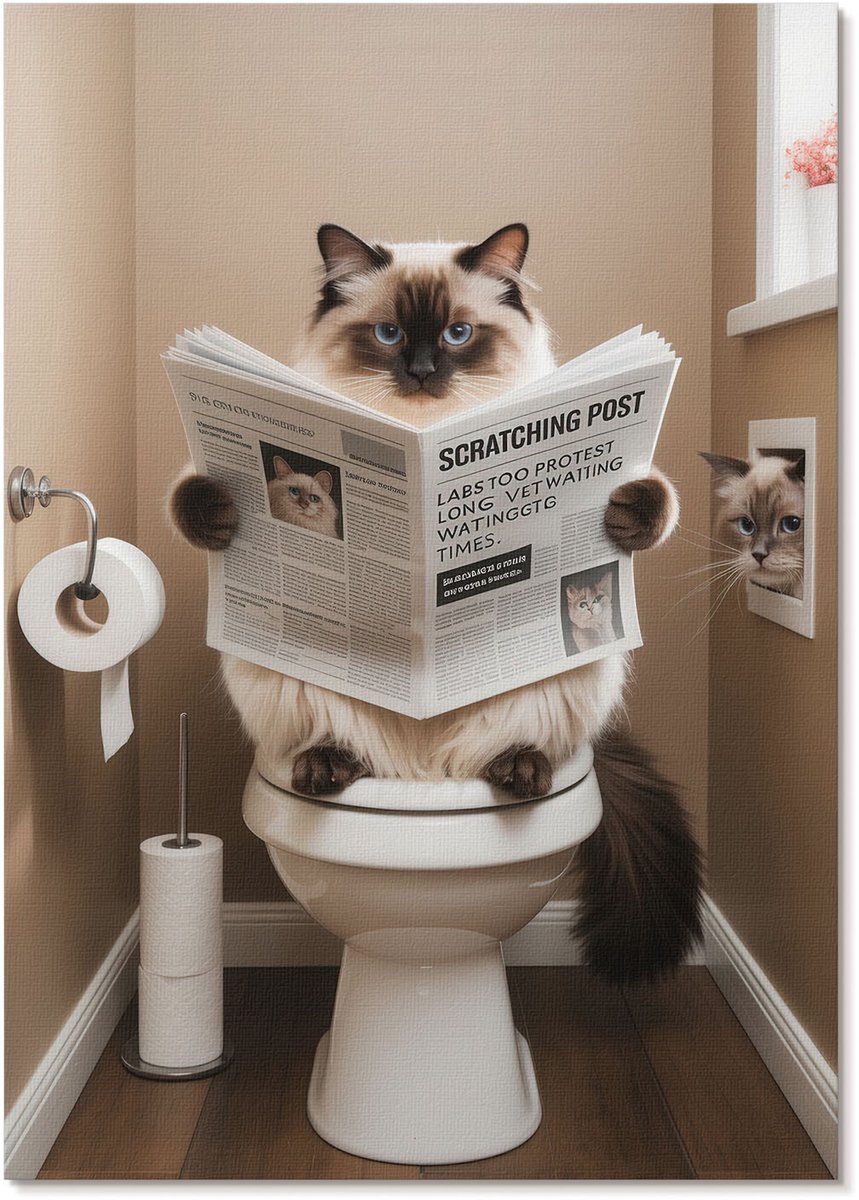 Tulup Polycanvas Poster - Kat Op Het Toilet, Illustratie - A4 - Beige Motief - Rechthoek - Muurdecoratie - Woonkamer, Slaapkamer, Kantoor - Humoristisch