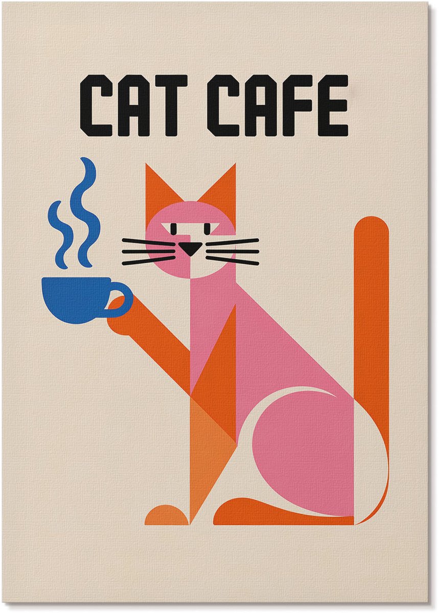Tulup Canvas Poster Polycanvas - Kattenkoffie, Illustratie - A4 - Oranje Decoratie - Rechthoek - Wandkunst - Woonkamer, Slaapkamer, Kantoor - Popcultuur