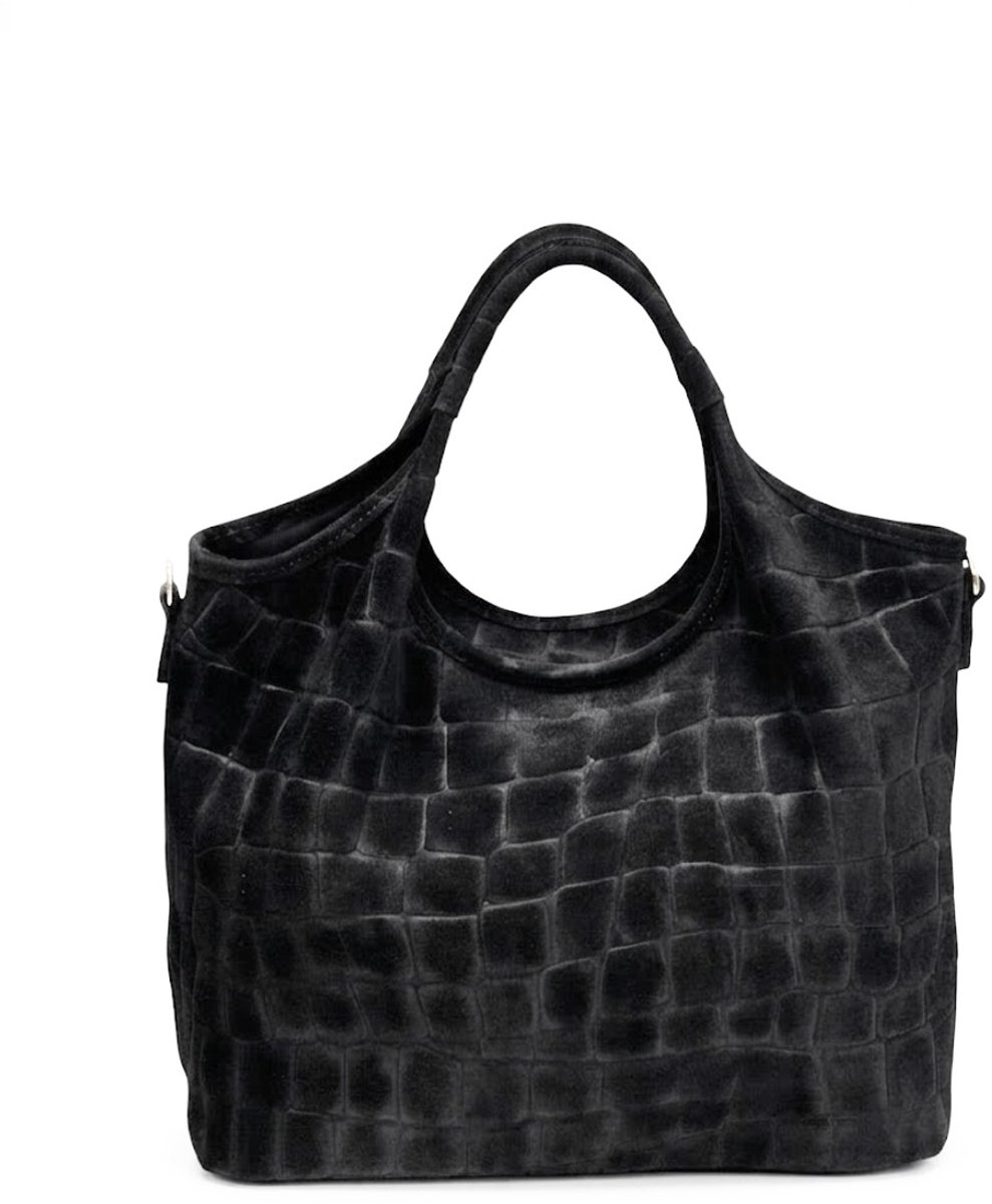 Zwarte Suède Schoudertas Crocoprint - Ruime Leren Handtassen - Extra Lang Hengsel - Goud Beslag - Zwart