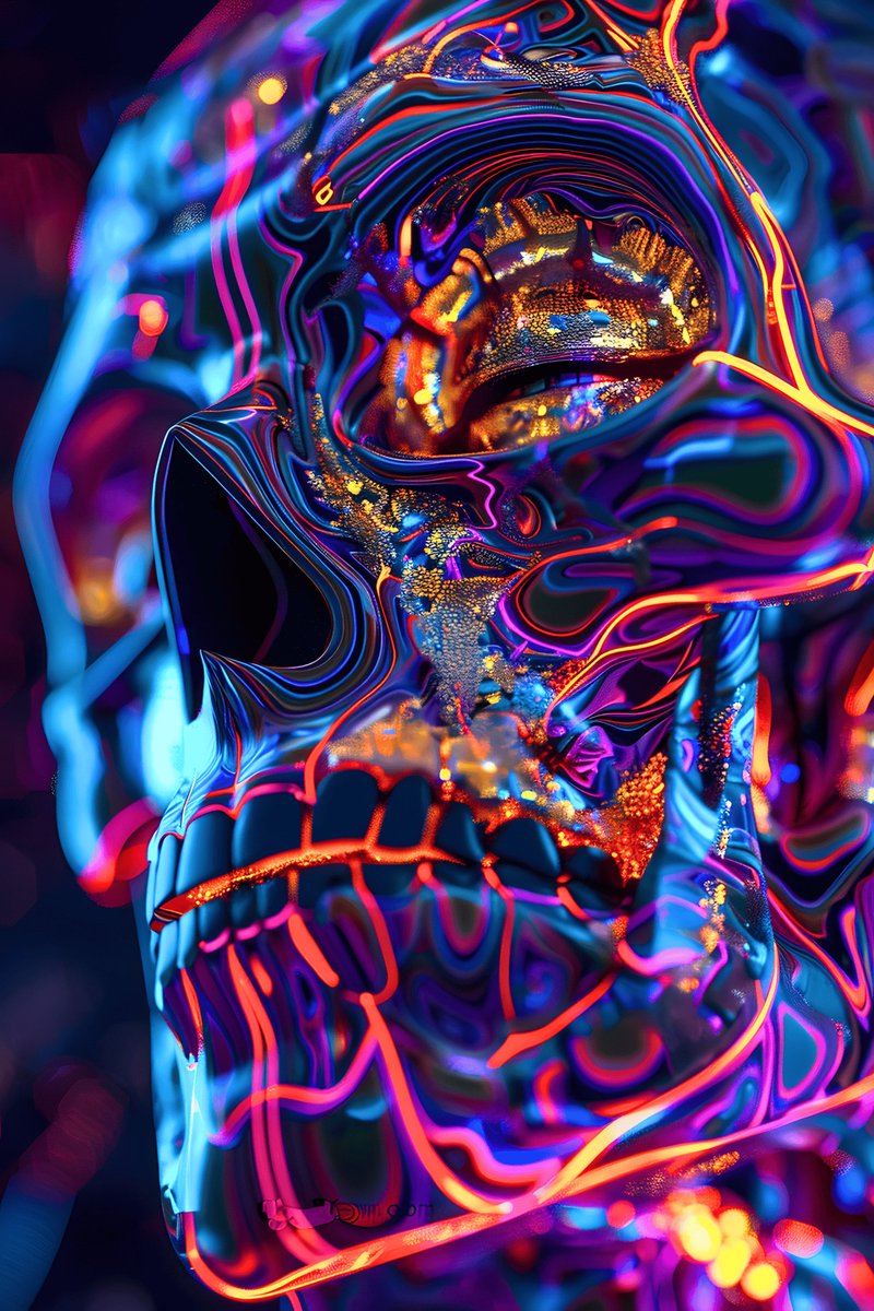Neon Schedel Poster - Blauw - Neonkunst - Gothic - Artistiek - Donkere Decoratie - posters - formaat 30x40cm - Wanddecoratie - XS2308MT