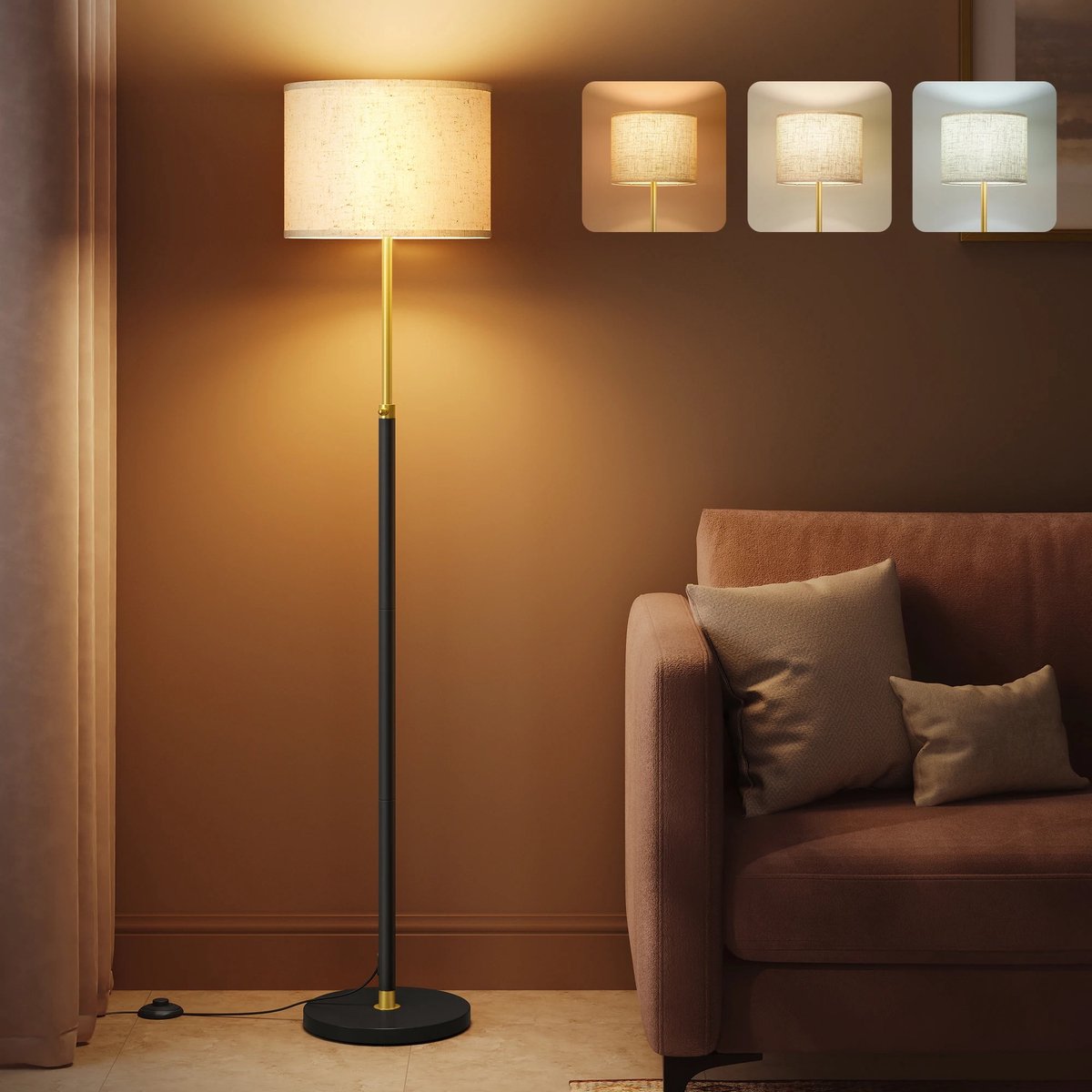 DailyDamaar lamp - Vloerlamp - Staande lamp - Lampenkap - In hoogte verstelbaar - 140-170 cm - met voetknop - Stoffen lampenkap - Beige