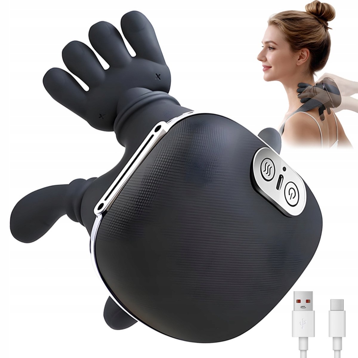 4D Nekmassage Apparaat - Verwarmde Bionische Massagehand - Shiatsu Massagekussen - Draadloos Massager - Kneedtechniek - 2 Warmtestanden - 3 Intensiteiten - Timer - Nekpijn & Schouderstijfheid - Voor Nek & Schouders & Rug - Zwart