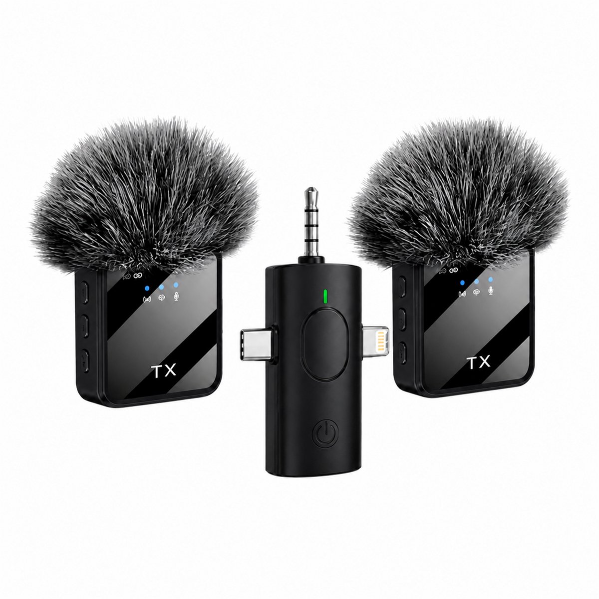 Techload F11-2 Draadloze Microfoon - 2 Lavalier Microfoons - 3-in-1 Ontvanger voor USB-C, Lightning en 3,5 mm