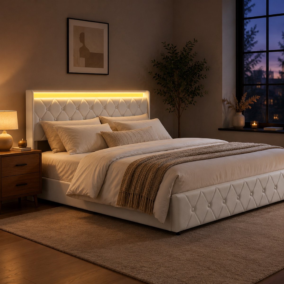 Opbergbed 140x200 cm crème fluweel met RGB LED, USB-A/C, hydraulisch hefmechanisme en ruime opbergruimte