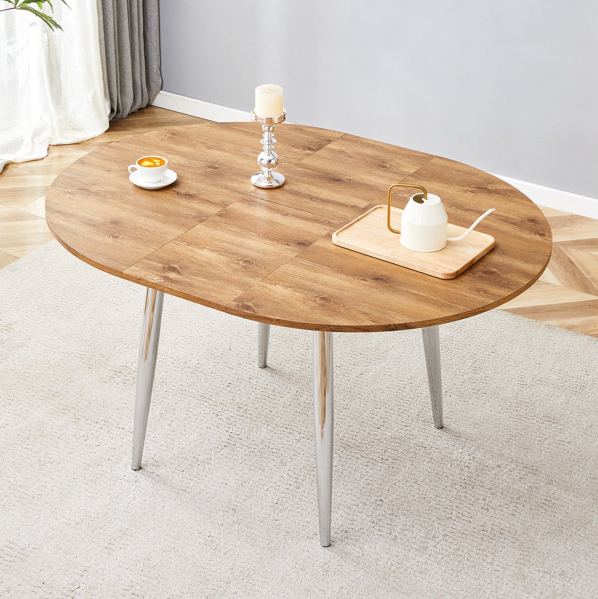 MODENUIT Eettafel - Uitschuifbaar Rond Naar Ovaal - Woonkamer En Eetkamer - MDF En Metaal - 137x107x75 Cm - Wood