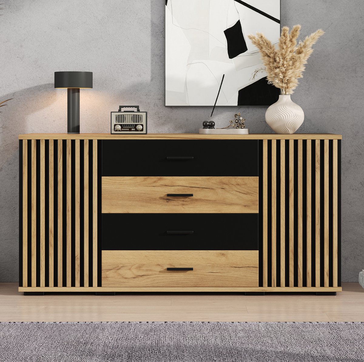 MODENUIT Dressoir - 4 Lades En 2 Deuren - Verstelbare Planken - Woonkamer En Eetkamer - MDF - Zwart - 140x35x70 Cm