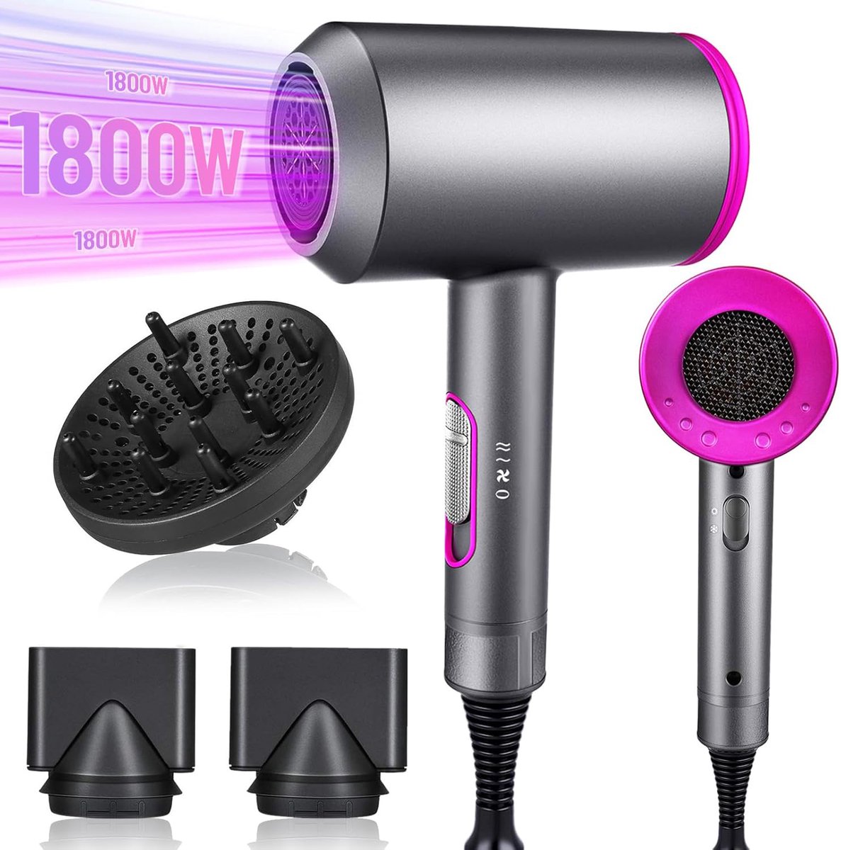 MODFU Föhn 1800W met ionentechnologie en diffuser - 2 snelheden en 3 temperaturen - Haardroger voor dagelijks gebruik - Grijs