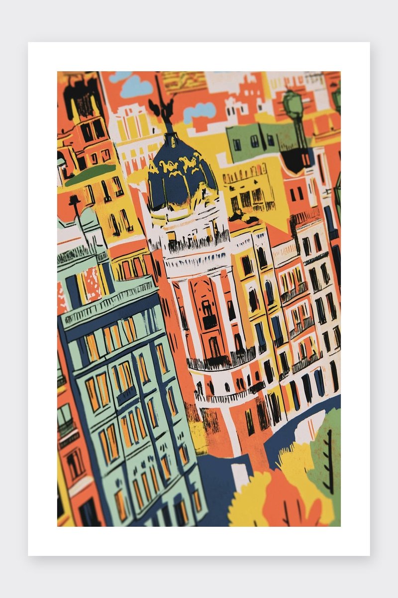 Madrid Poster - Kunst - Stad - Kleurrijk - Gebouwen - Spain - Architectuur - posters - formaat 30x40cm - Wanddecoratie - BXS5465WV - Met kader - passe-partouts stijl