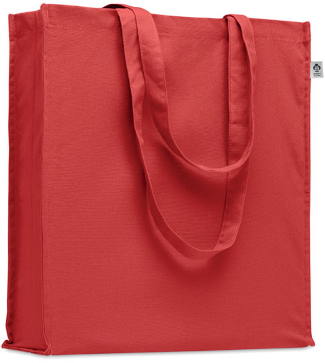 2 stuks Boodschappentas van organisch katoen met lange hengsels en zijvouw. 220 gr/m². Rood